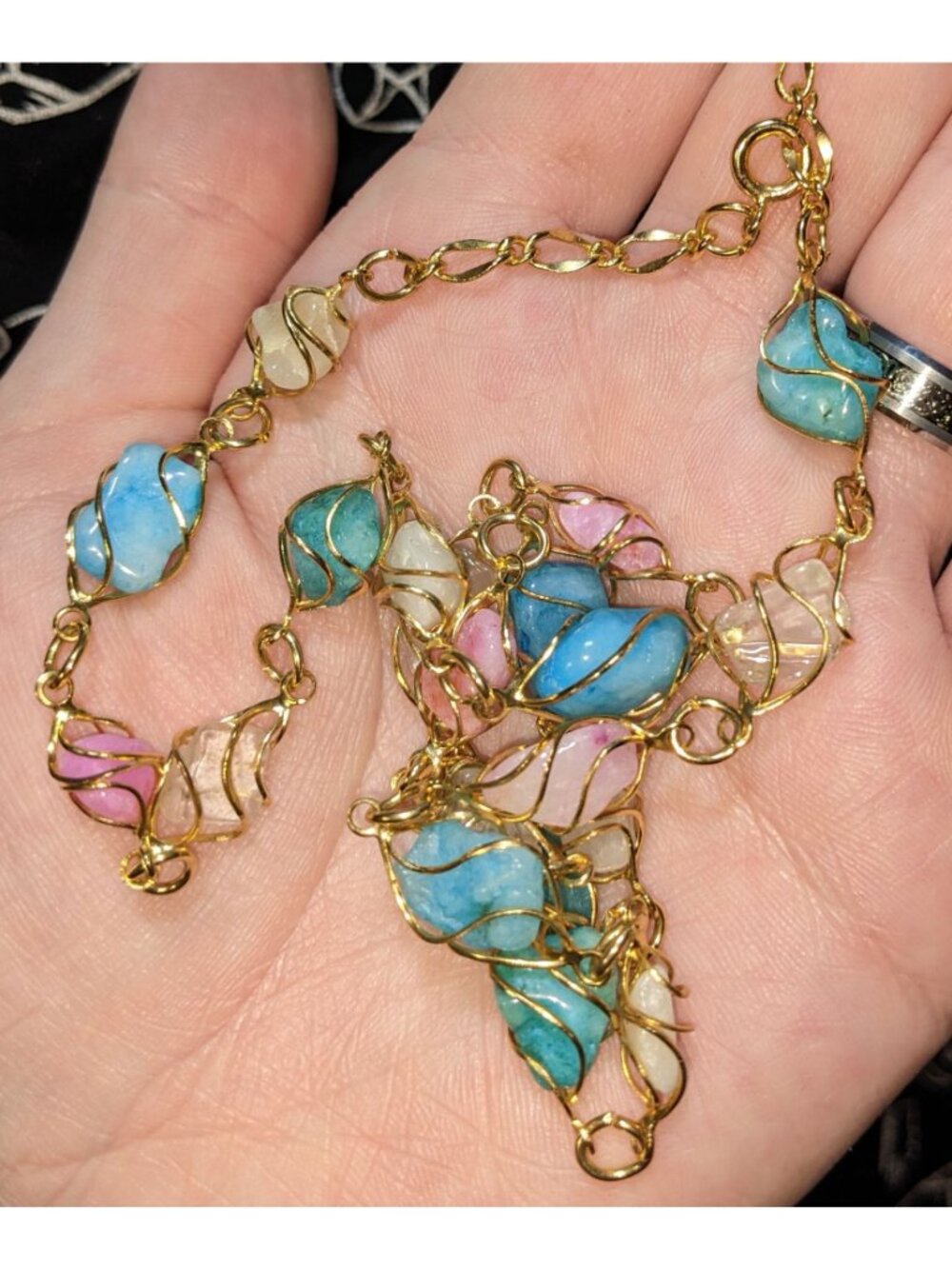 Whimsical Wire-Wrapped Pastel Gemstone Necklace With Gold-Tone Chain - Picture 5 of 5